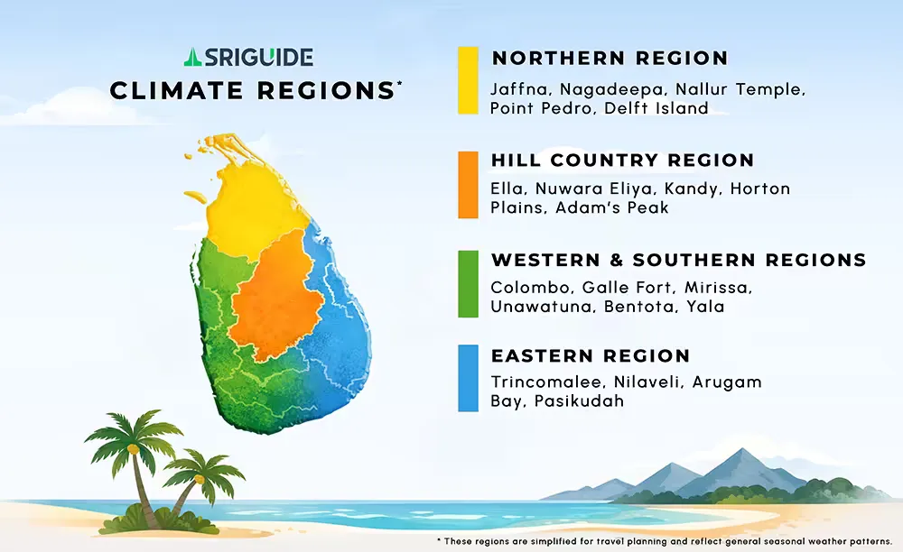 Shows simplified climate regions in Sri Lanka
